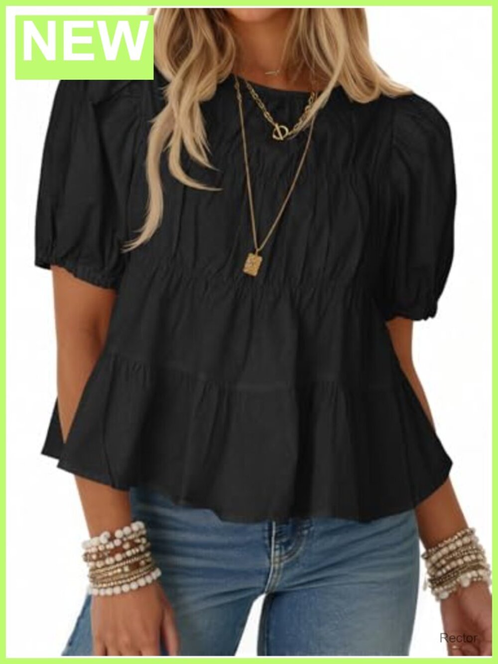Womens Cotton Puff Sleeve Peplum Babydoll T-Shirt Blouse